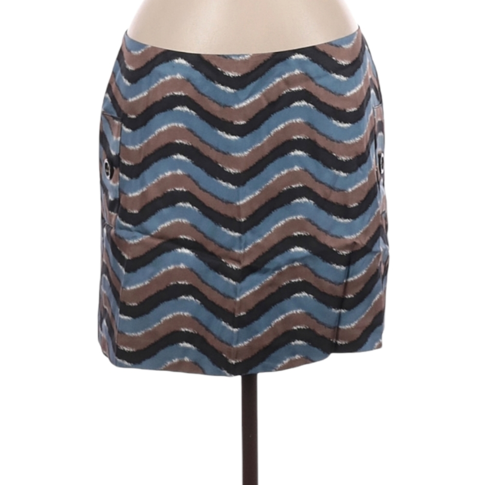 LEONA 100% Silk Mini Skirt Size 6 Black Blue Brown Back Zipper Faux Side Pockets